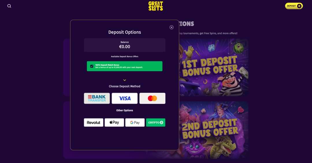 Payment Methods at GreatSlots Casino